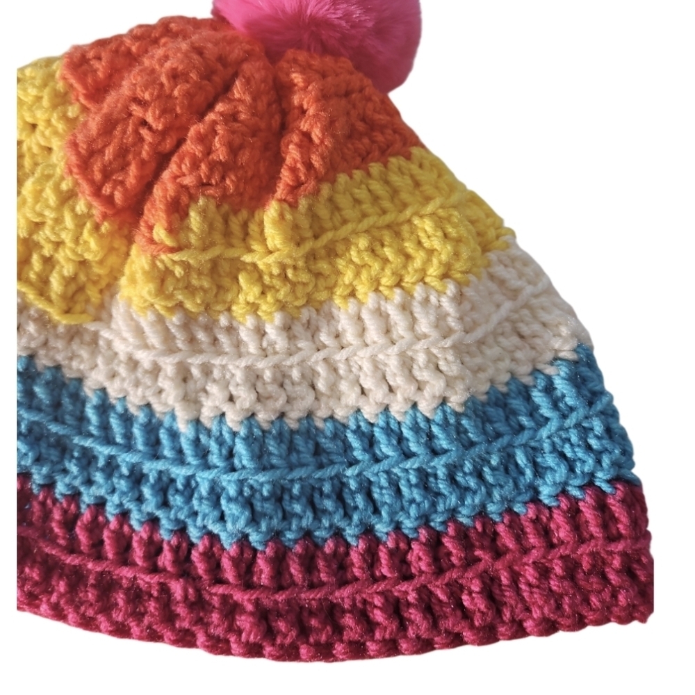 Hand Crafted Crochet Beanie Oversized Multicolored Pink pompom winter hat unique - Picture 10 of 17